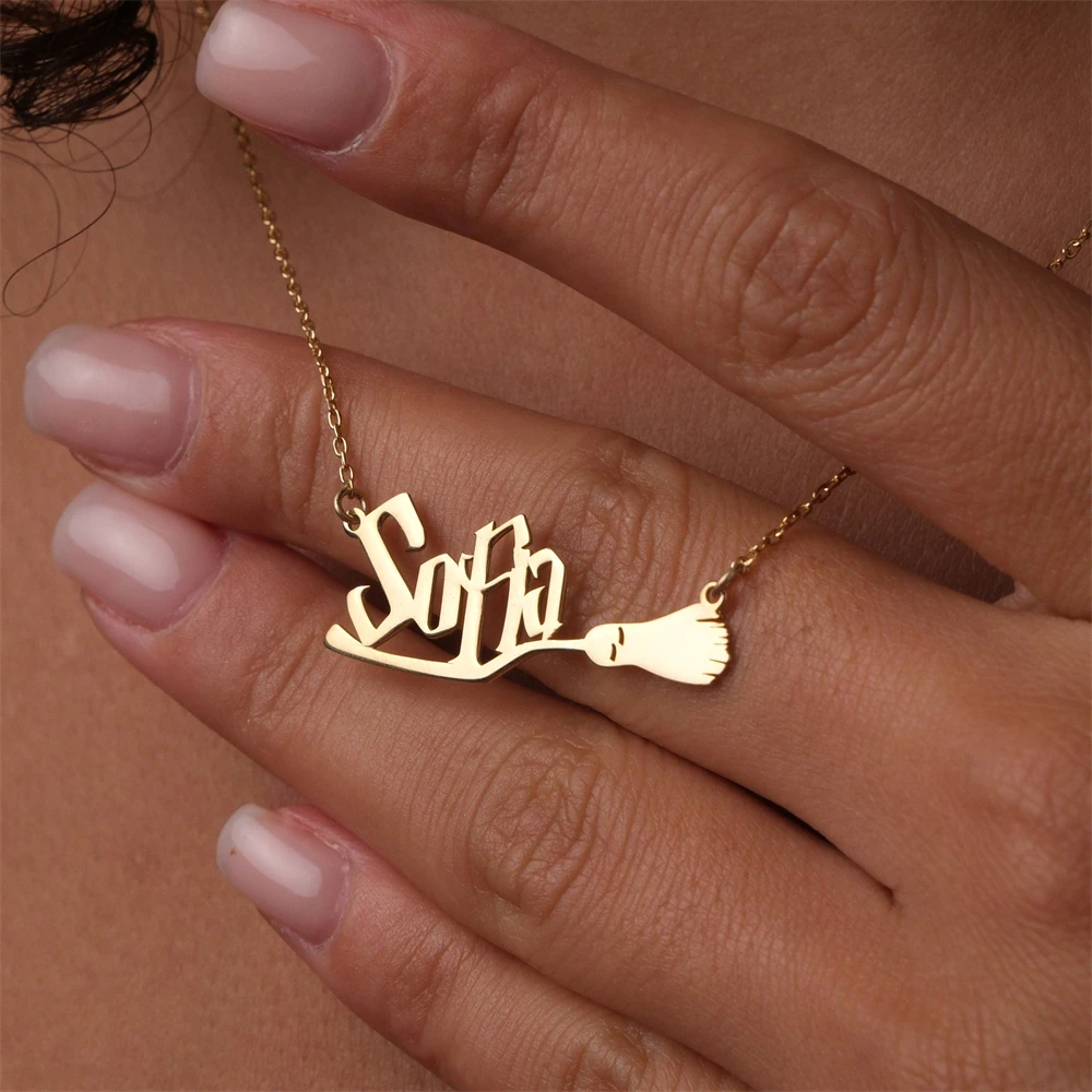 Witch Broom Necklace Gothic Jewelry Customized Wizard Name Pendant Necklace Halloween Gift for Women Party Gold Color Choker