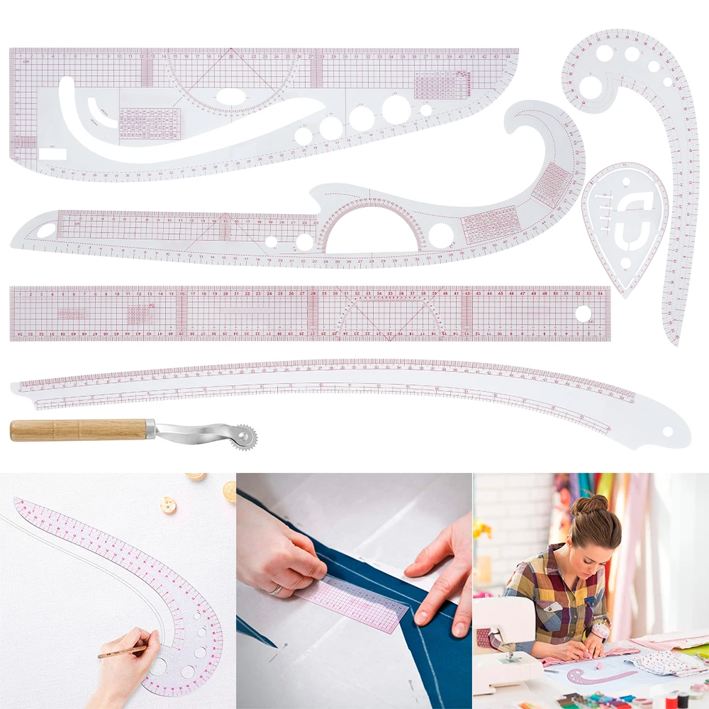 7Pcs Sewing Ruler Set French Curved Transparent Ruler Pattern Manufacturer DIY Garment Making Measuring Tool for Designer Tailor