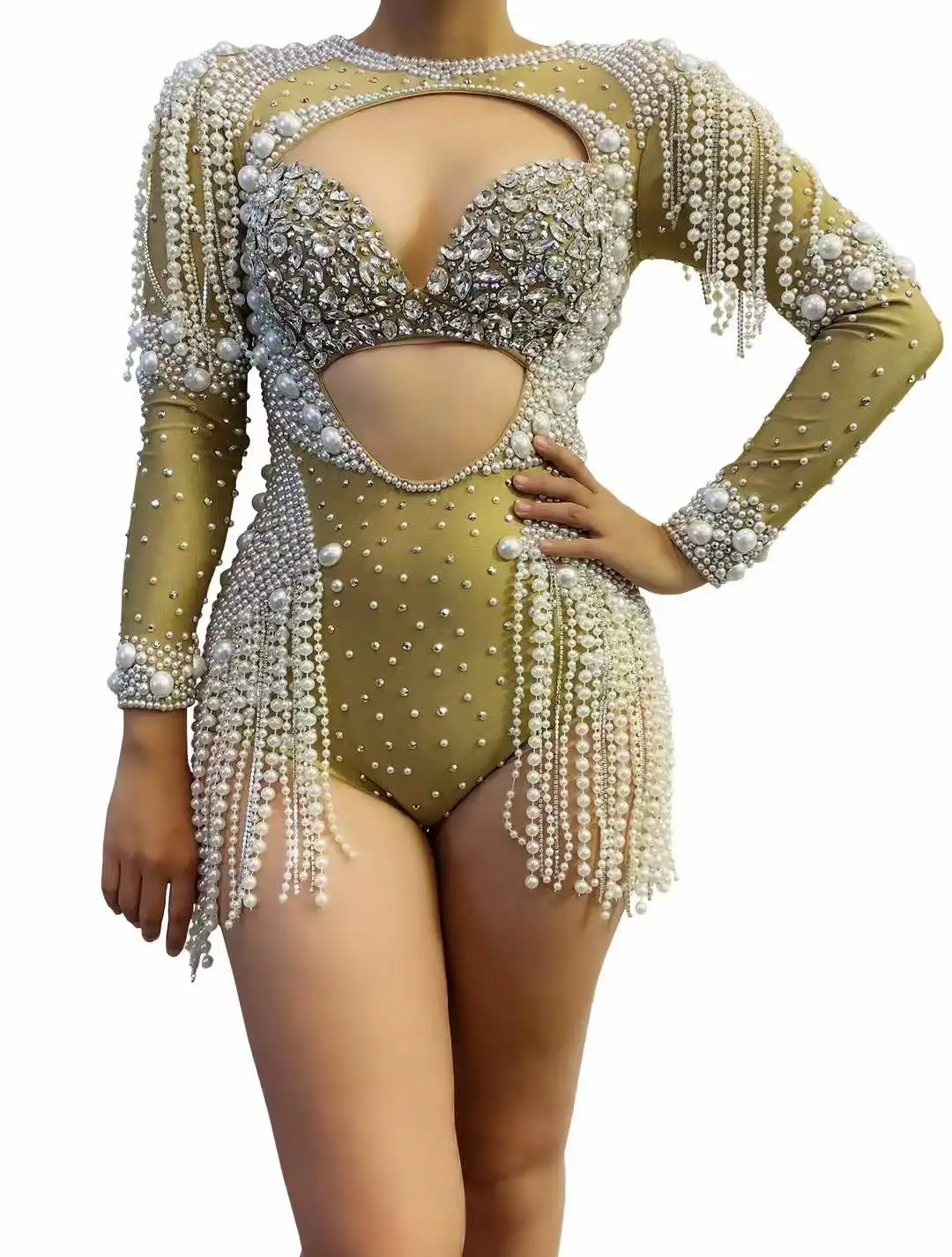Wspaniałe całe z koralików body z kryształami górskimi dla kobiet urodziny królowej występ na scenie piosenkarz luksusowy kostium fotograficzny