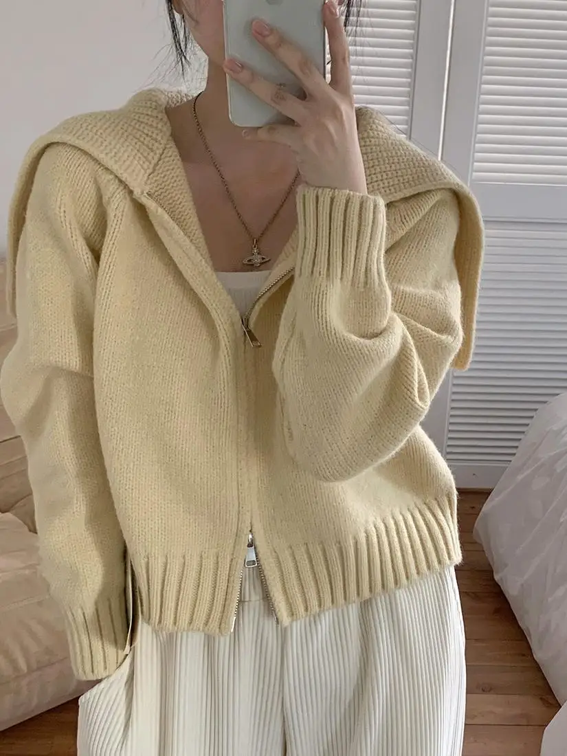 

Вязаный кардиган с воротником-стойкой, утепленный, женский, свободный крой, на двойной молнии, осенне-зимний, модный