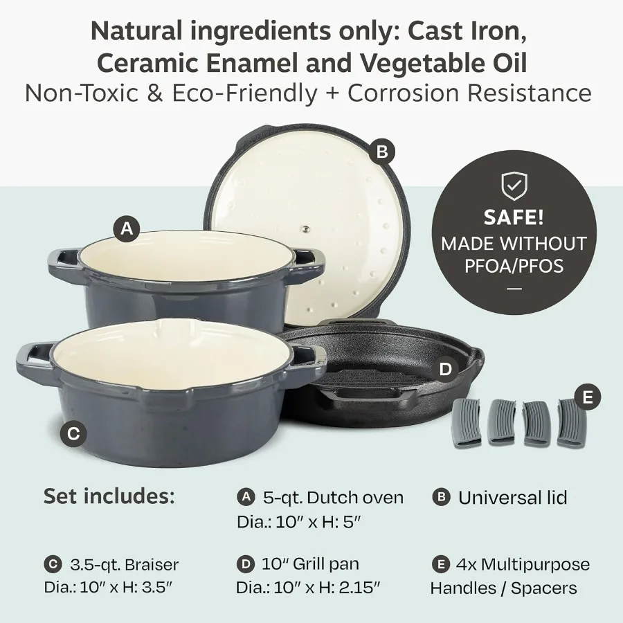 5 pc Stackable Cast Iron Cookware Set for Home Kitchen Use: Versatile Enamel Dutch Oven Seasoned Grill Pan Enamel Braiser with