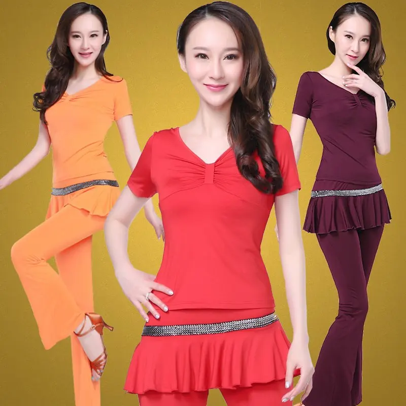 square-dance-short-sleeve-set-new-adult-practice-dance-clothing-latin-dance-women's-mid-aged-and-elderly-summer-exercise-clothes