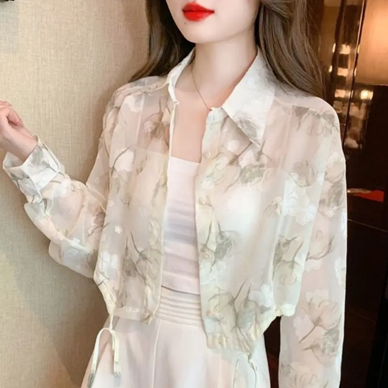 Women Summer Korean Loose Fashion Sunscreen Thin Long Sleeve Chiffon Shirts Women Clothes Casual All-match Appear Thin Sexy Tops