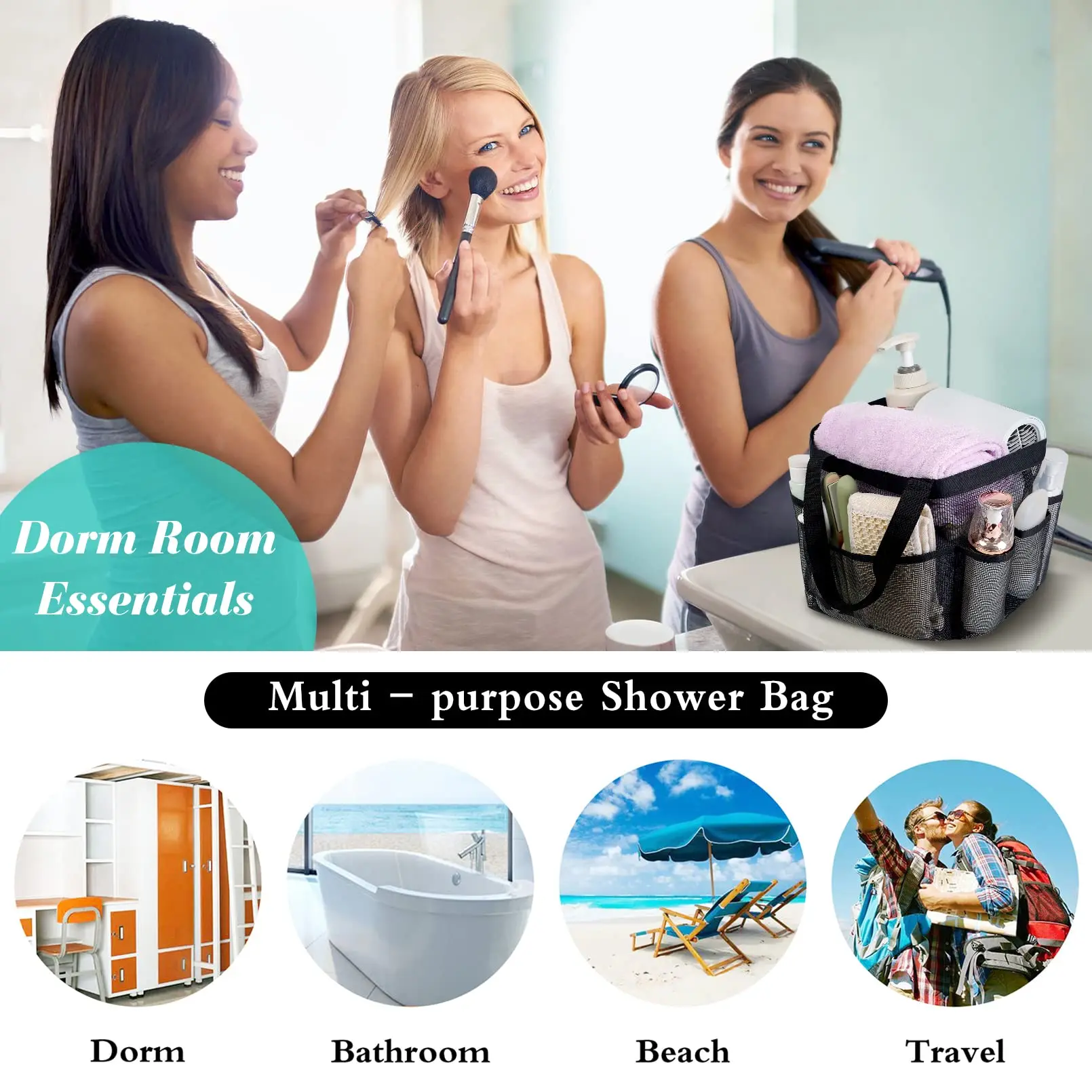 Mesh Shower Caddy Tote Large Shower Caddy Basket Portable Quick Dry Hanging Toiletry Bag 8 Storage Pocket Handle Bath Organizer