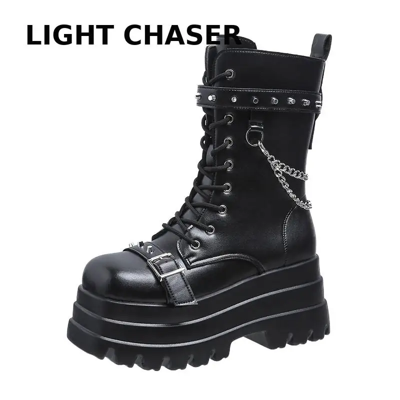 Punk Women's Boots Brand Design Black Gothic Style High Heels Front Zipper Ankle Platform Boots Street Cool Woman Wedges Shoes