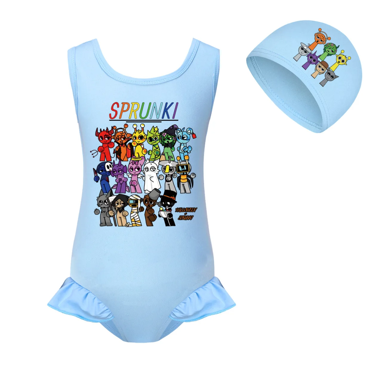 Kids Swimwear Girls Sprunki Incredibox One Piece Swimsuit Free Swimming Cap Cartoon Wenda Bathing Suits Children Cute Beach Wear