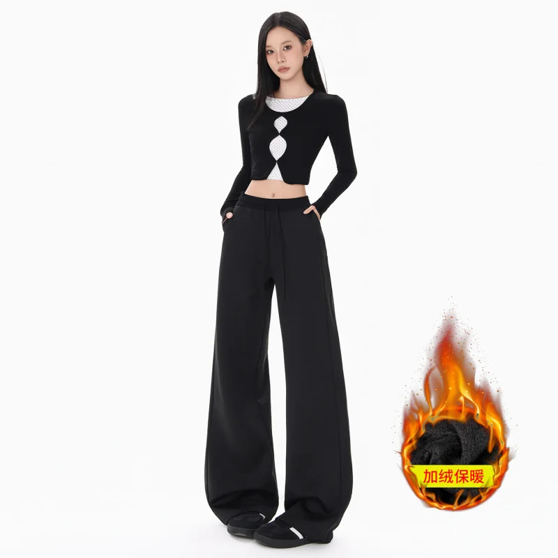 

Black stylish drapey wide-leg sweatpants for women, American style high-waisted loose straight drawstring fleece-lined casual pa