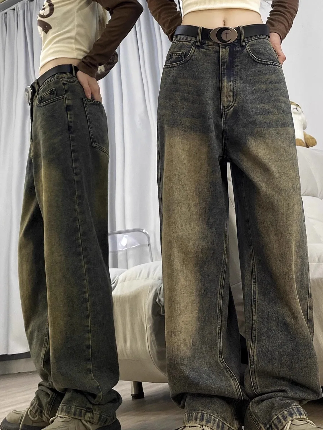 

Мужские винтажные джинсы американского уличного стиля, большие размеры, 300 Pou, осенне-зимние, широкие, удлиненные, в пол