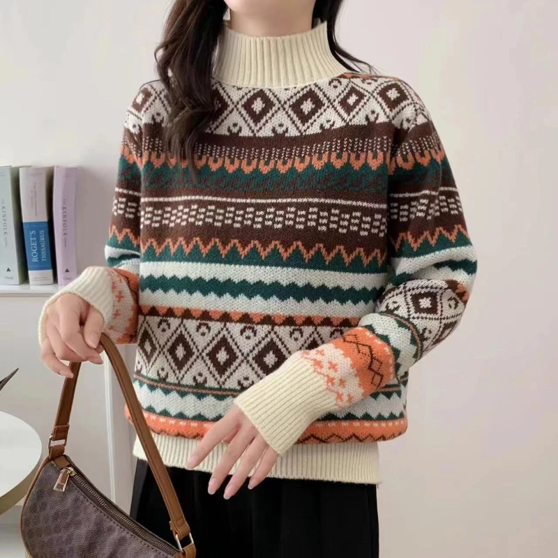 

Half High Neck Women's Sweater with Fashionable and Stylish Contrasting Color and Velvet Knit Base