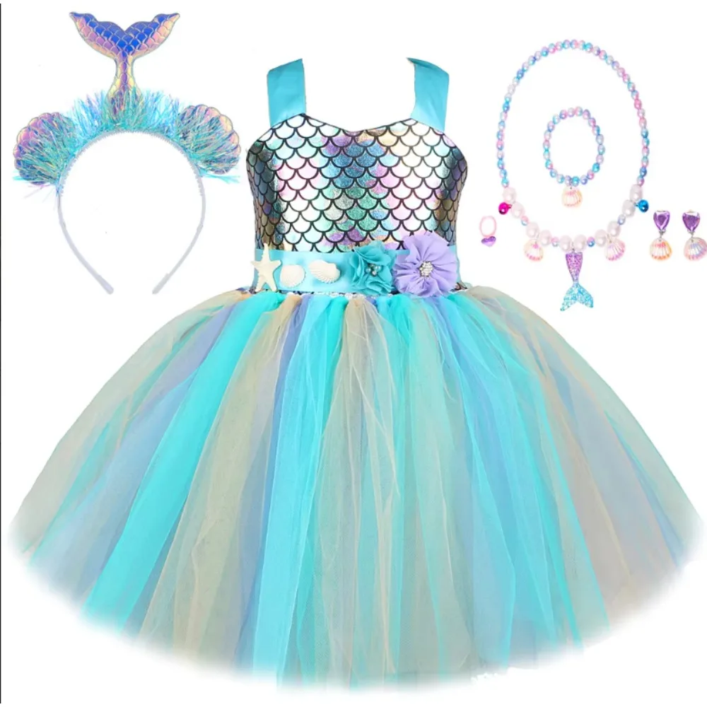 Colorful Sweet Glittery Mermaid Mesh Princess Dress With Accessories Set Kids Halloween Party Summer Ocean Casual Fairy Outfit