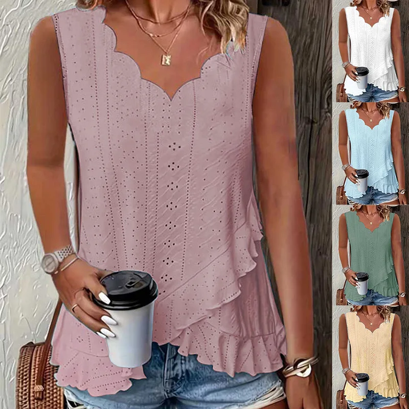 2026 European and American Cross-border Foreign Trade Women's Summer New Style Leisure Solid Color Embroidered Fabric Scallop Ed