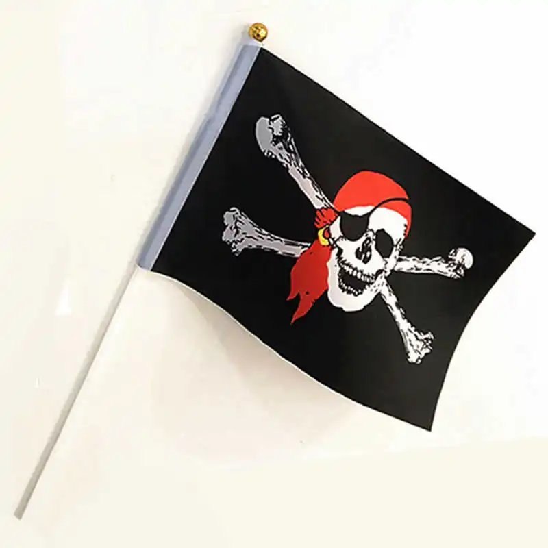 10PCS Pirate Flag Skull Banner With Flagpole 14x21cm Mini Stick Black Jack Jolly Roger For Home Party Halloween Game Decoration