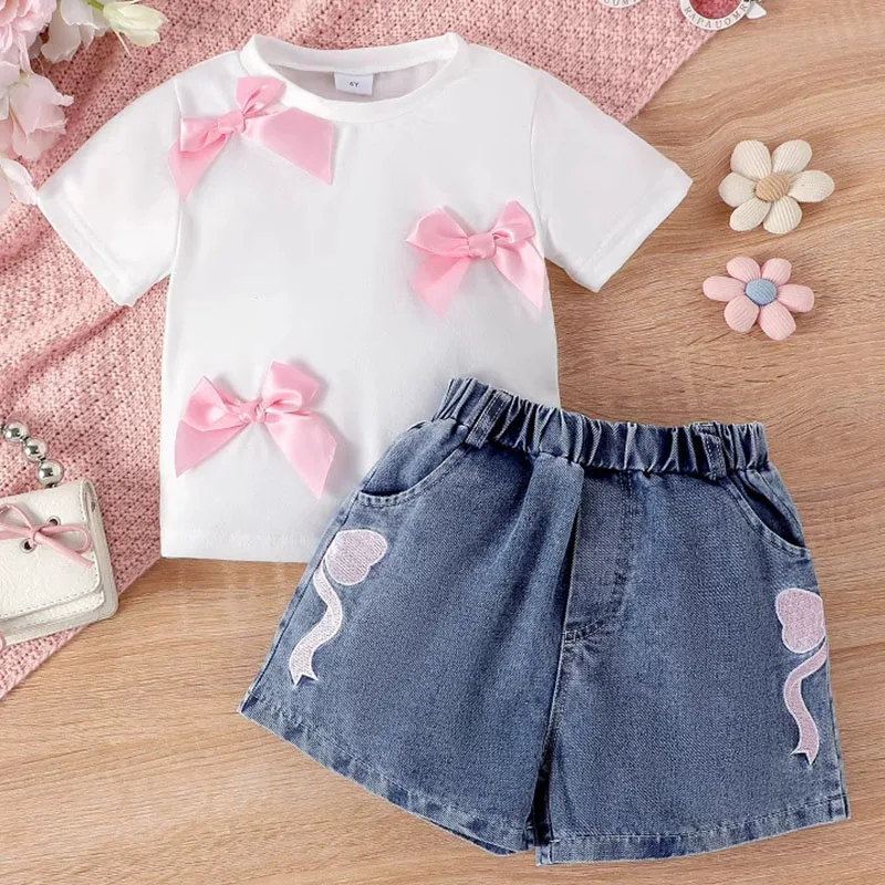 

2Piece Sets Summer Toddler Girl Clothes Korean Cute Bow White Short Sleeve Baby Tops+Denim Shorts Boutique Kids Clothing B055