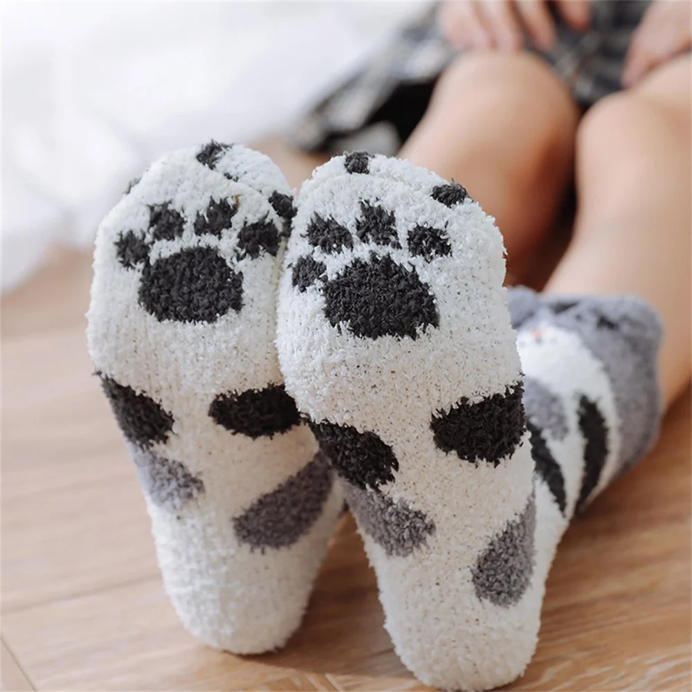 Chaussettes de patte de griffes de chat porte-bonheur pour femmes, plus velours, chaussettes de sourire, optique, Kawaii, chaud, hiver, mignon, sol de couchage, sites à domicile