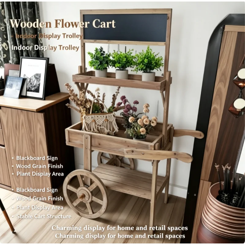 Rustic Solid Wood Rolling Plant Stand Mobile Display Cart with Wheels Farmhouse Vendor Wagon for Market Patio Flower Shop Decor
