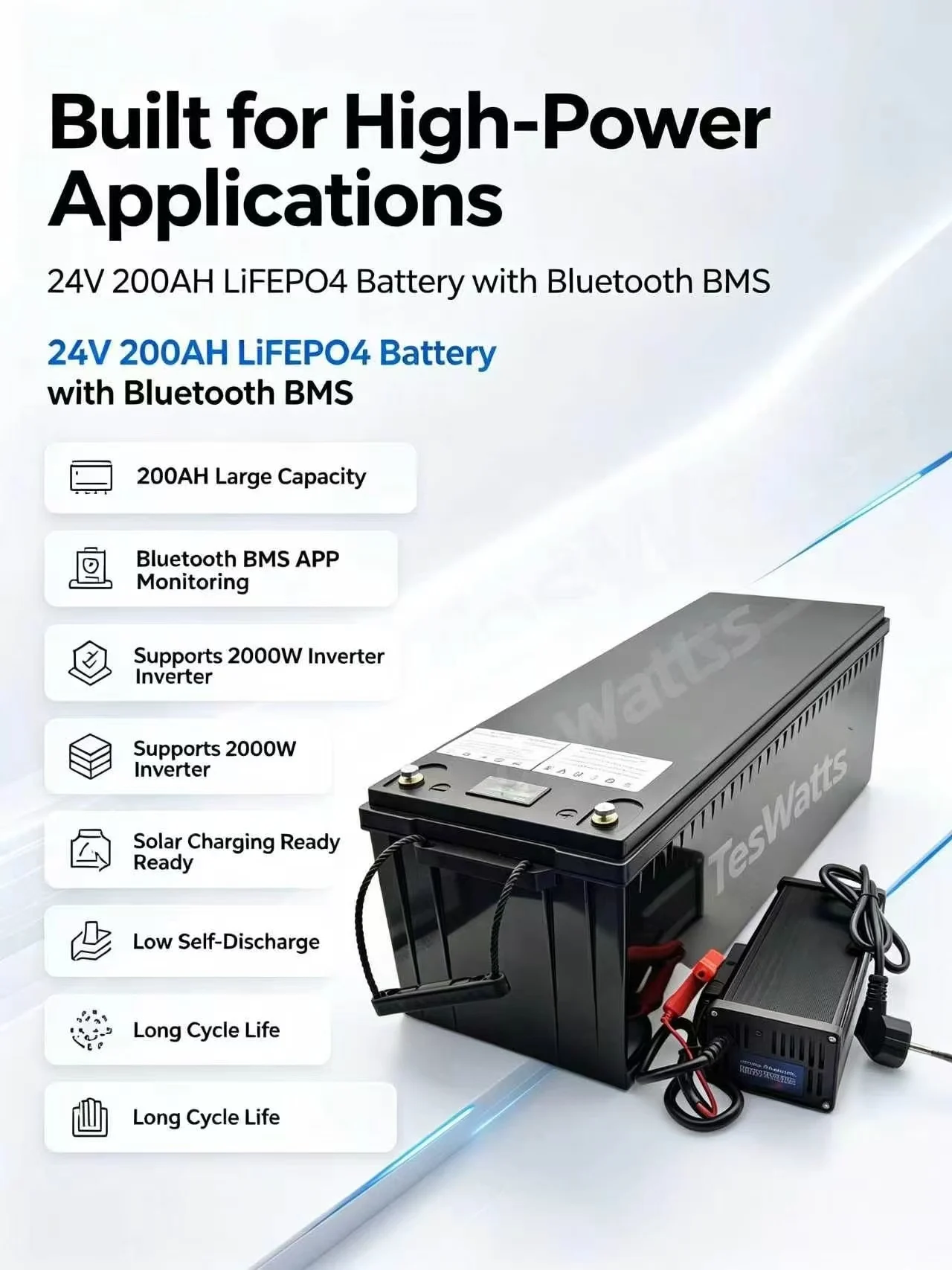 24V 200AH lifepo4 lithium Battery with bluetooth BMS APP for 2000W Inverter Solar RV golf cart Two-wheeled ele small vehicle