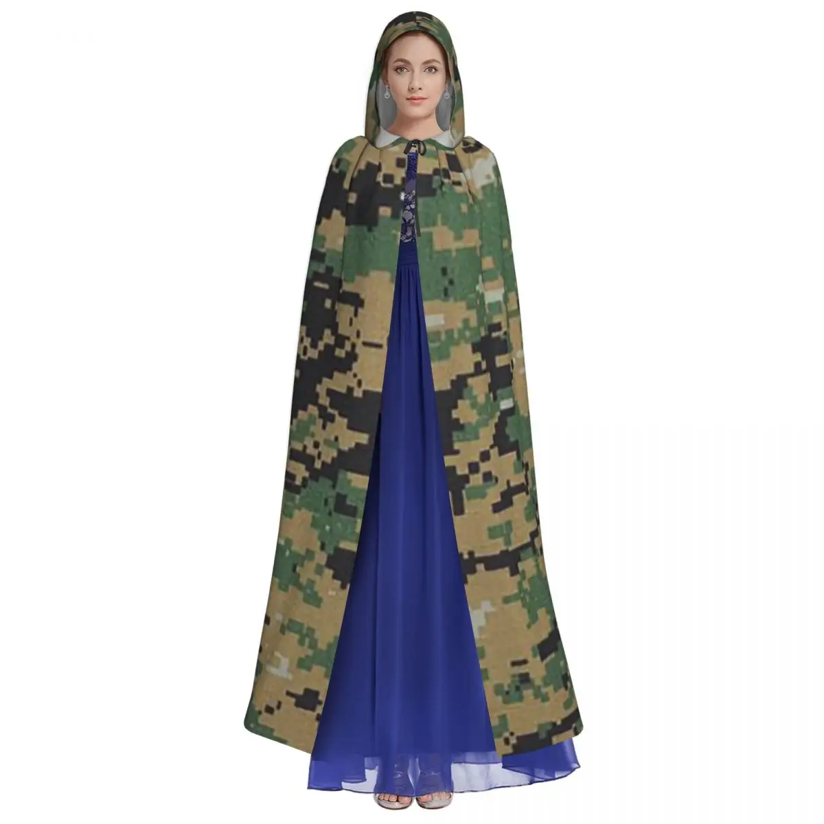 كامو التمويه العسكرية الغابات الجيش طويل مقنعين عباءة الساحرة القرون الوسطى زي تأثيري كيب هالوين مصاص دماء الكبار للجنسين