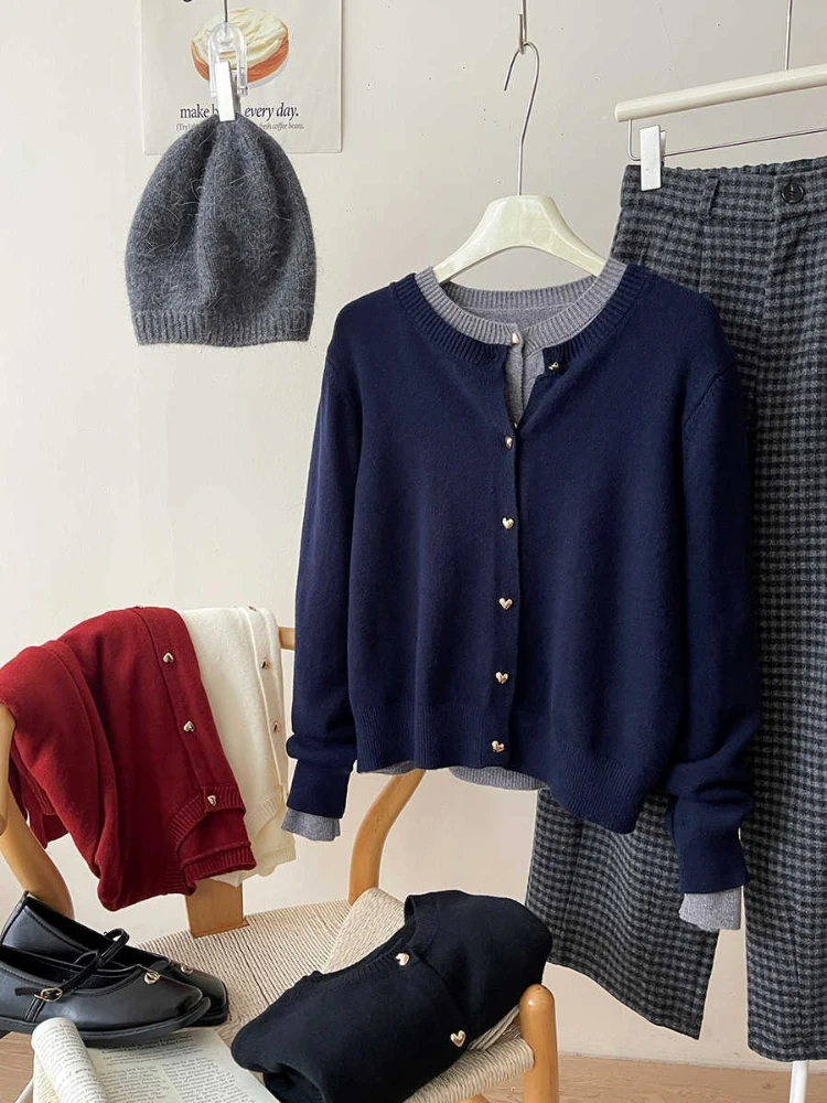 Korean Korean Vintage Heart‑Shaped Buttons Knit Women Cardigan Autumn Winter Sweater Chic Outerwear Casual Layering Tops