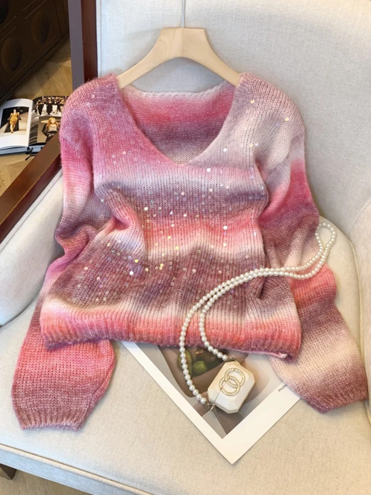 

Korean Retro Women Gradient Sequin V-Neck Pullover Sweater Winter New Fashion Casual Loose Women's Long Sleeved Base Top