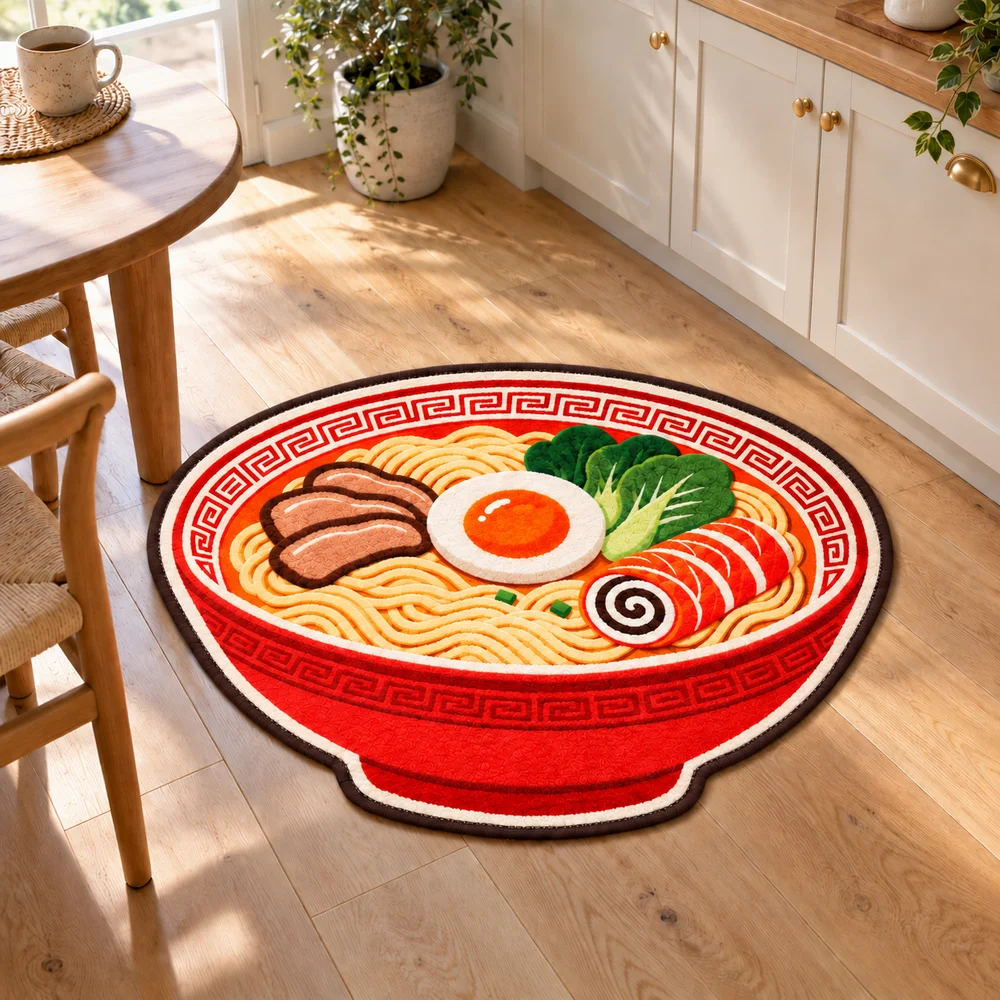 Ramen Bowl Shaped Area Rug Soft Short Plush Japanese Noodle Food Floor Mat for Kitchen Dining Room Entryway Bedroom Home Decor