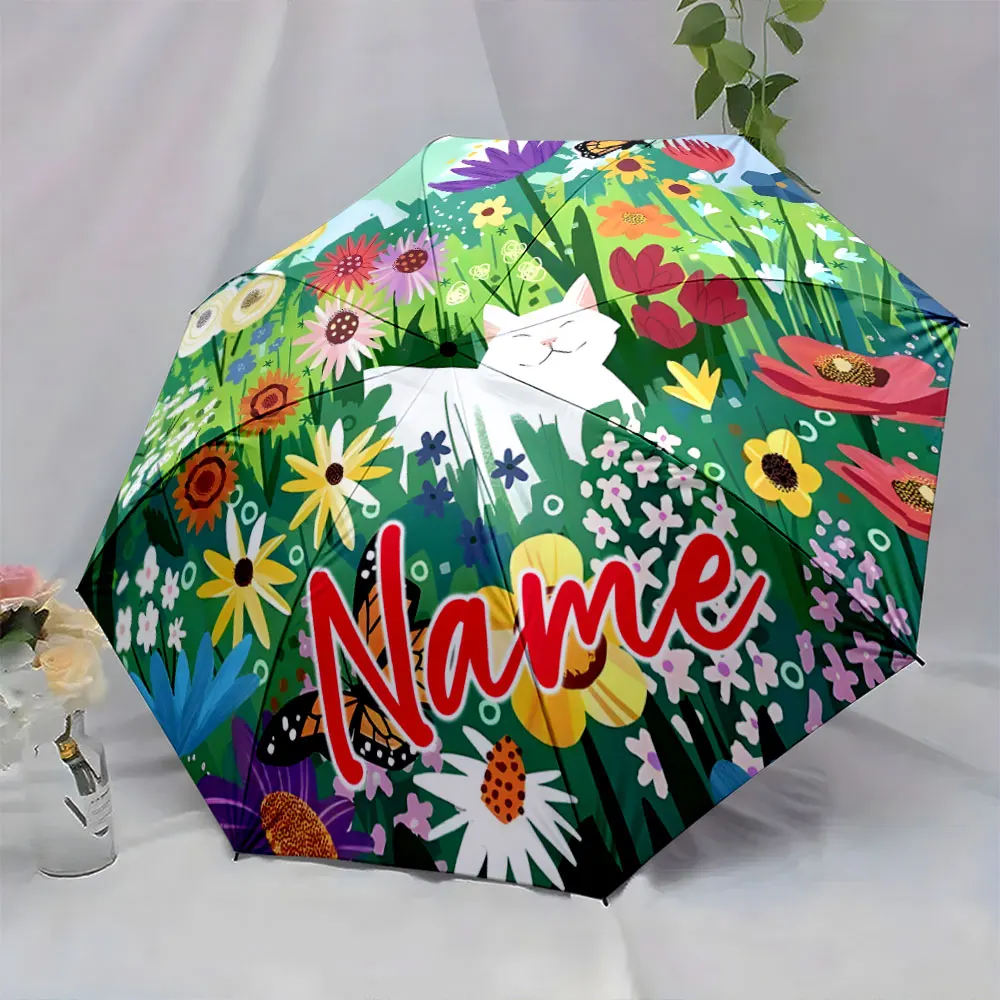 Custom Name Umbrella Whimsical Garden Umbrella: Nature's Delight Print 8 Iron Ribs Folding Umbrella Auto-Open Fashion Sunshade