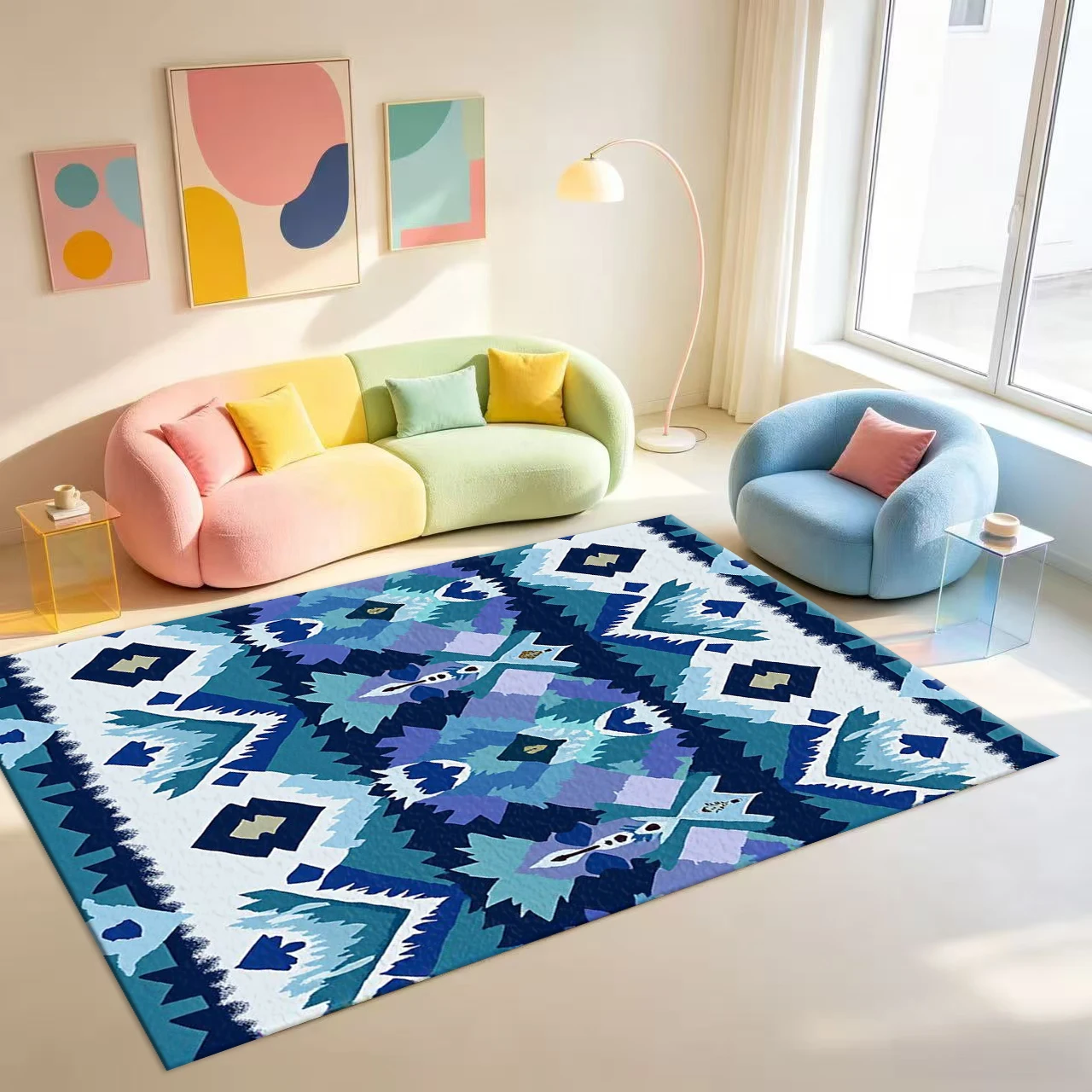 Blue Tones Native Tribal Geometric Carpet Flooring Southwestern Ethnic Style Area Rug For Home Living Room Indoor Floor Decoration