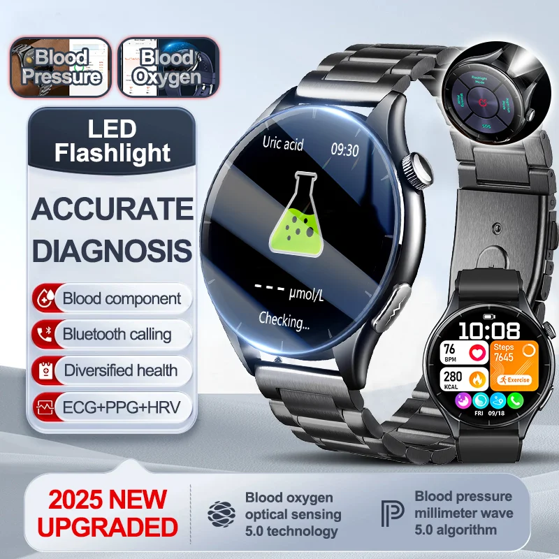 

2025 New Men Uric Acid Blood Lipid Monitor Smart Watch ECG Blood Pressure Blood Oxygen Heart Rate Temp BT Call Health Smartwatch