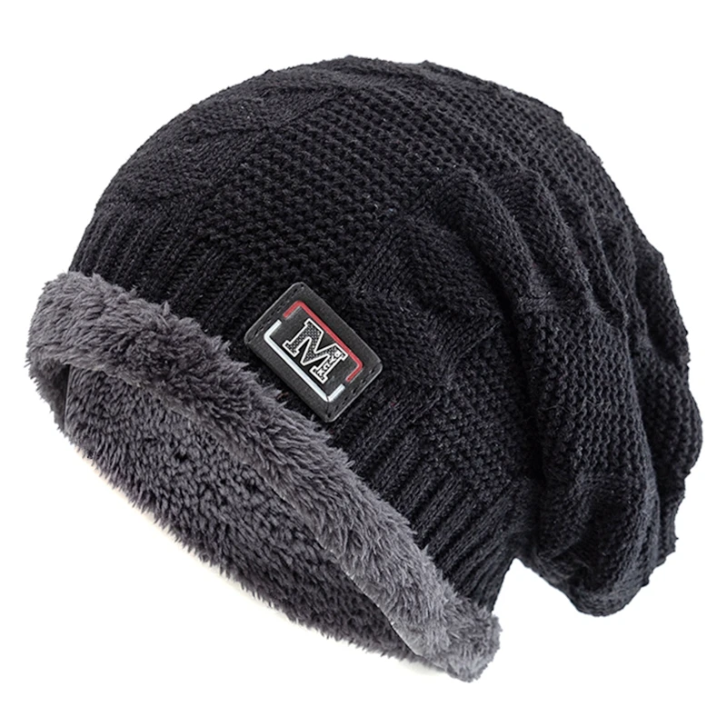 New Unisex Warm Winter Hat Fashion M Letter Label Knitted Hats For Men & Women Add Fur Lined Thick Ski Beanie Bonnet Cap