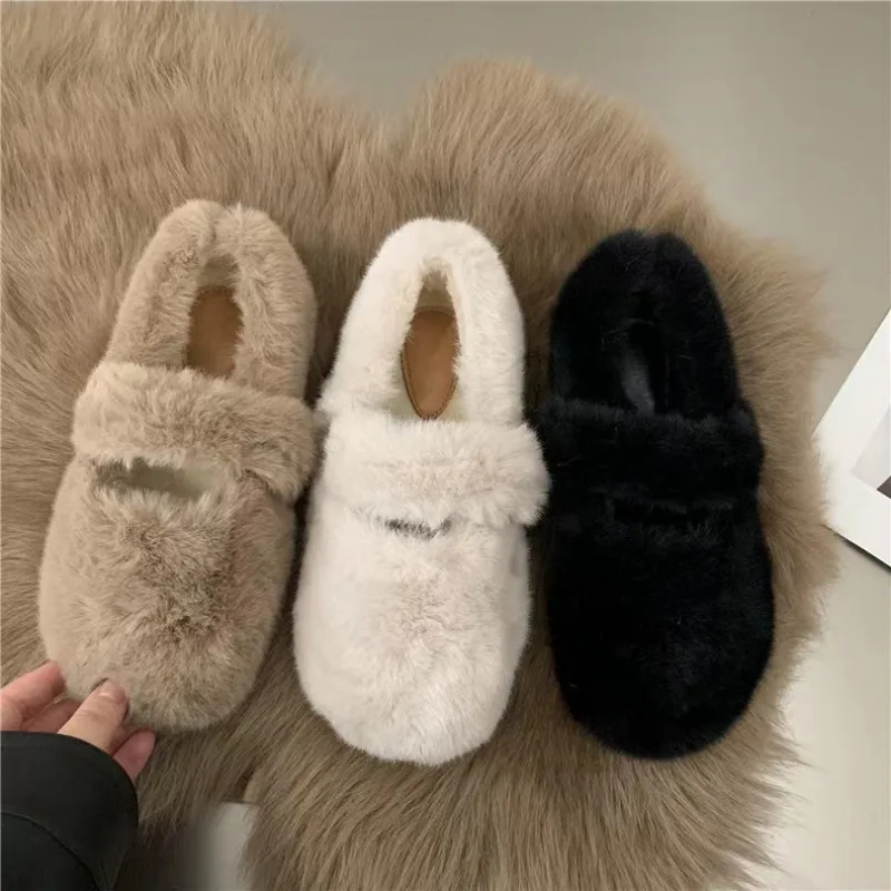 New Fashion Women\'s Winter Fur Flat Shoes Women’s Warm Plush Mary Jane Casual Ballet Shoes Outdoor Round Toe Shallow Footwear