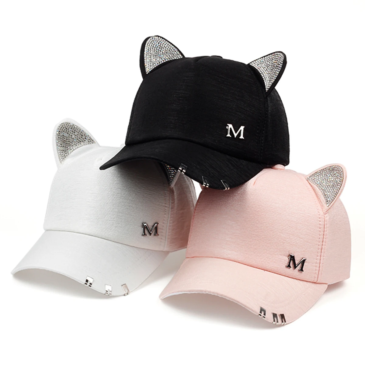 1piece Unisex Cat Ears Hot Drills Baseball Cap Outdoor Adjustable Sunscreen Leisure Hat Spring Autumn Travel Tourism Vacation