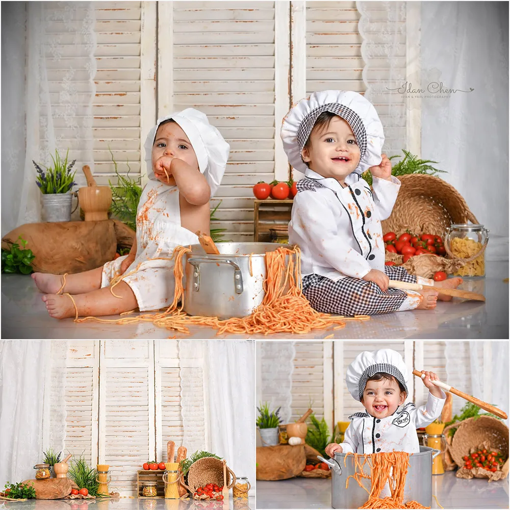 Studio Baby Child Toddler Chef Bakery Kitchen Cooking Scene Photography Backdrops Cake Smash Birthday Portrait Photo Background