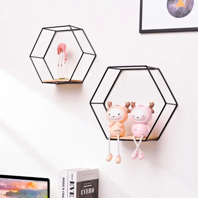 Wall Mounted Hexagon Shelf Handicraft Display Rack Floating Wall Shelf Sundries Storage Holder Living Room Home Decoration Book