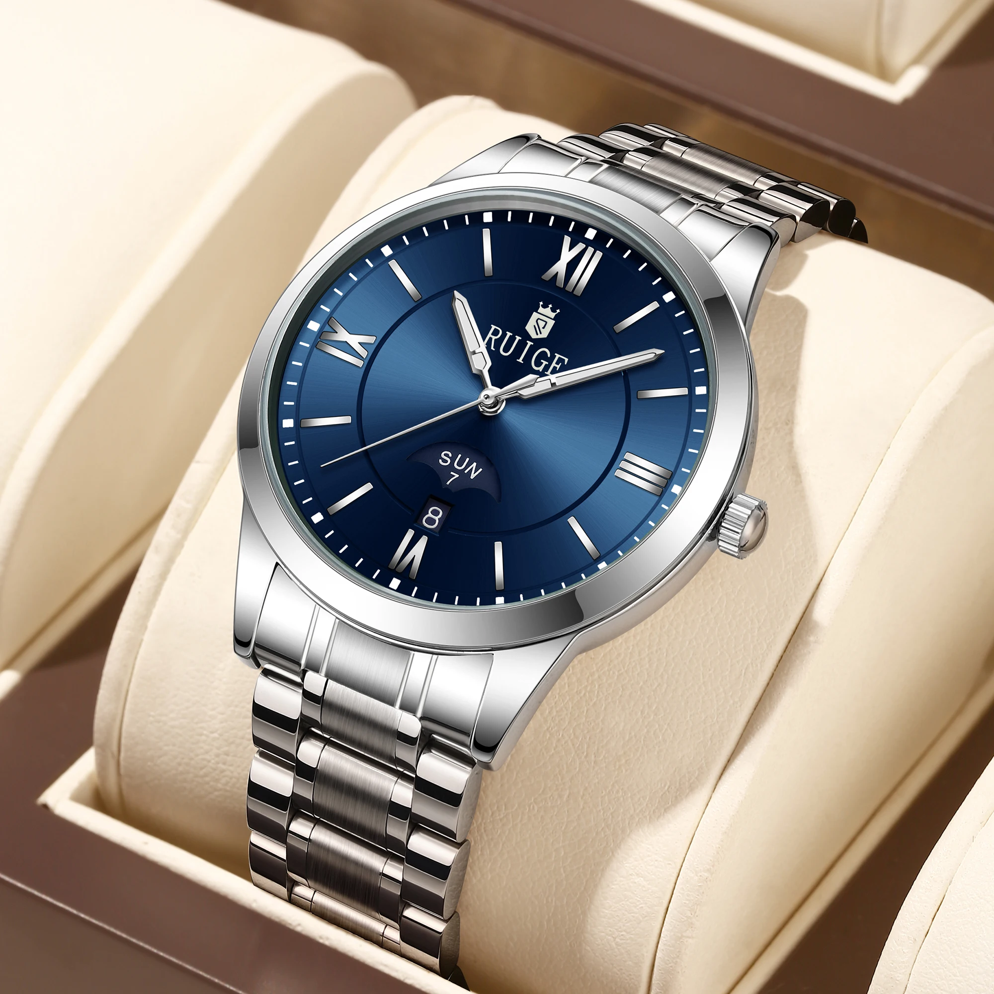 Reloj mecánico completamente automático RUIGE con calendario semanal para hombre, reloj versátil resistente al agua a la moda de acero inoxidable para hombre