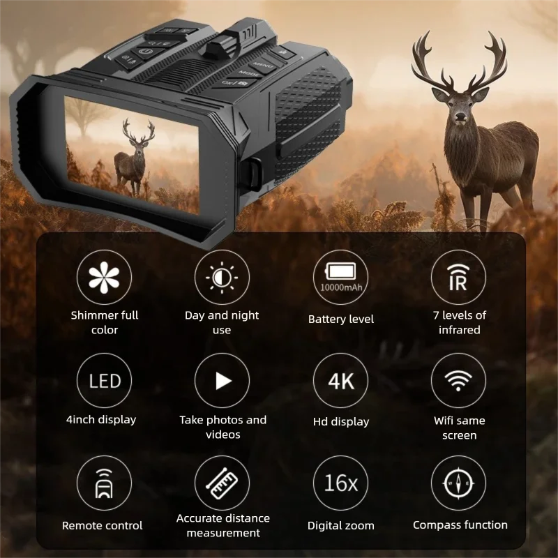 4K Infrared Night Vision Binoculars with 16X Zoom - 7 Adjustable IR Levels and WiFi Connectivity for Hunting and Observation