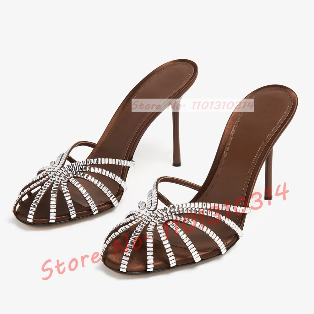 Zapatillas de seda de tacón alto con piedras preciosas, tacones de aguja enjaulados de lujo para mujer, zapatillas metálicas, zapatos de verano con correa cruzada elegante para mujer