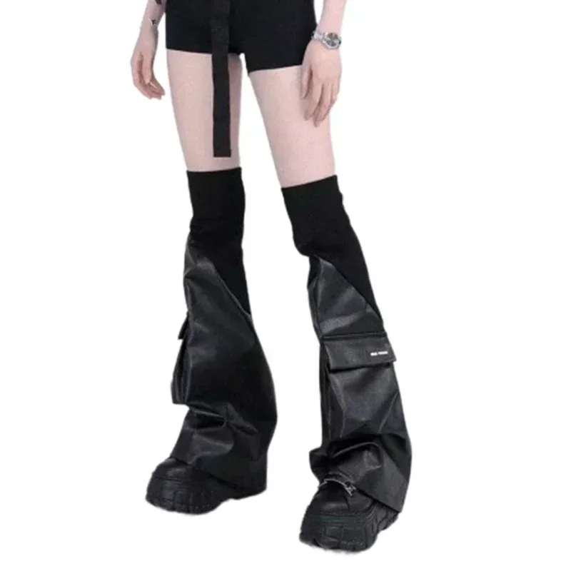 Harajuku PU Leather Leg Warmers, Gothic Punk Long Socks, Flared Leg Sleeve Gaiters, Goth Winter Cuffs, Ankle Heap Socks