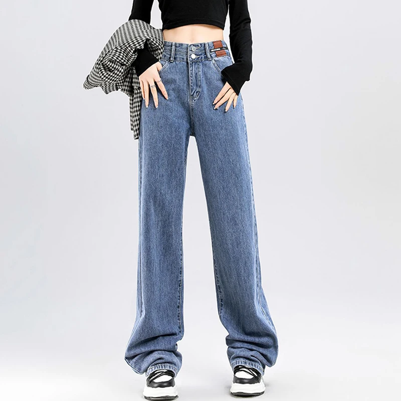 Hot Sale Girls Classic Fashion High Waist Jeans Female Korean Baggy Solid Pants Women Straight Leg Casual Denim Trousers
