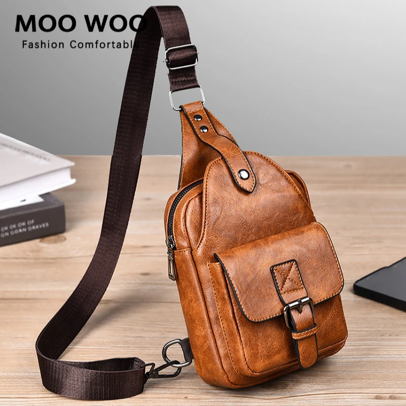 

MOOWOO PU Leather Casual Travel Chest Sling Bag Design Vintage One Shoulder Bag Crossbody Bags Day-pack For Male Fanny Pack