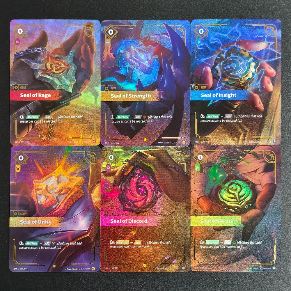 Cartão de Jogo DIY Riftbound League of Legends Spiritforged SFD Seal of Discord Unity Rage Insight Strength Gear