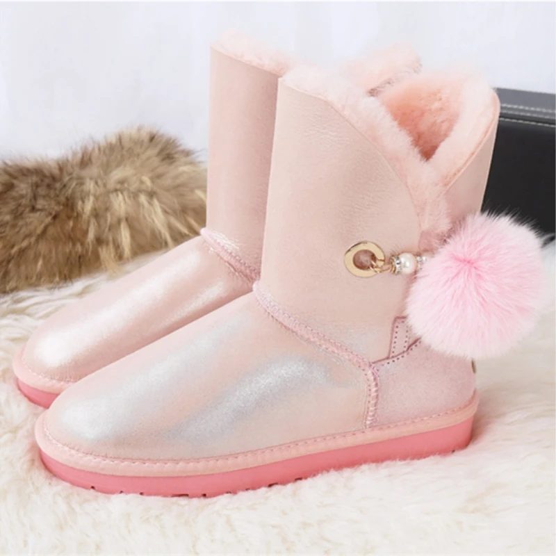 G&Zaco Genuine Sheepskin Boots Shoes Women Leather Wool Snow Boots Australia Mid-Calf Sweet Fox Fur Ball  Winter Women\'s Boot