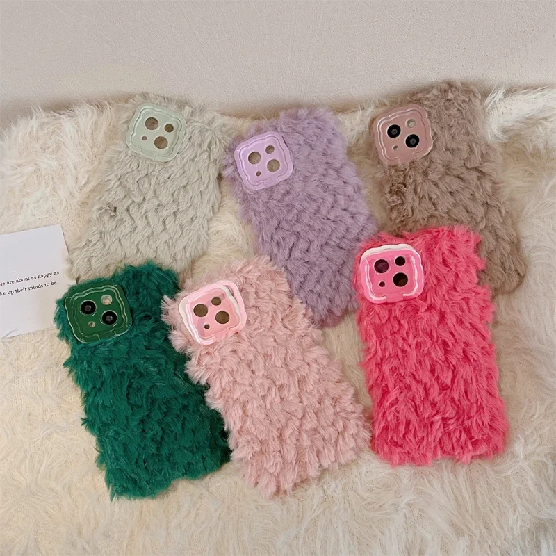 Autumn Winter Colorful Plush Series With Holder Cover Case For iPhone 16 15 14 13 12 11 Pro Max Plus Phone Case