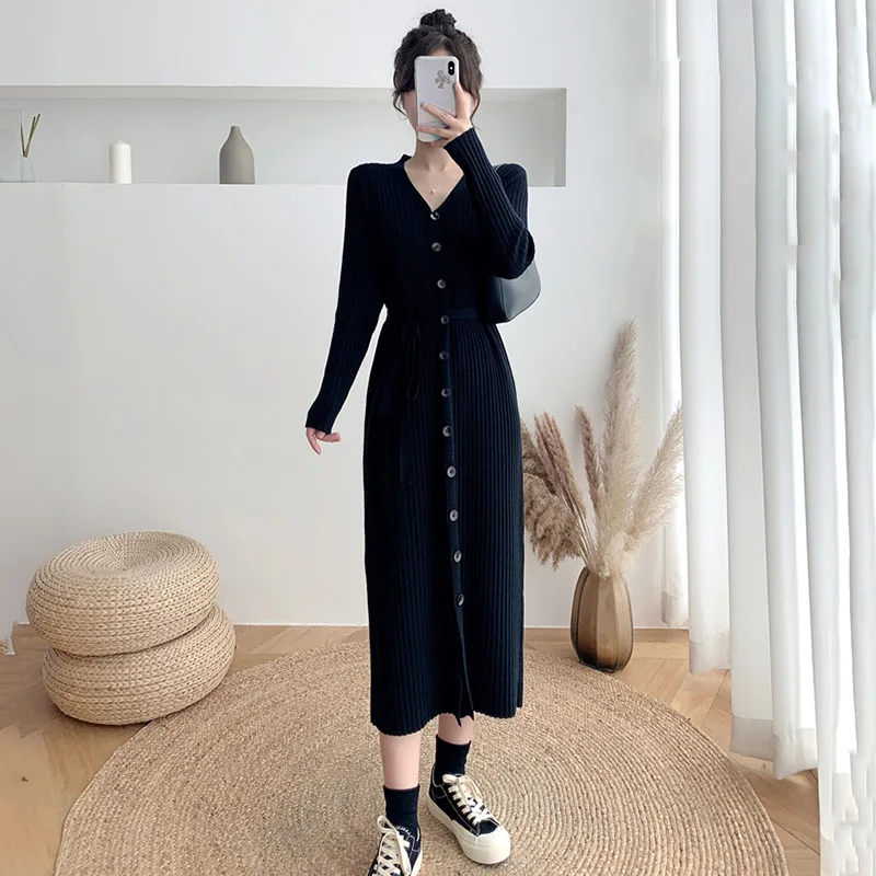 New Women Long Sweater Dress Autumn Winter Fashion V-Neck long Sleeve Single Breasted Knitted Dress Simplicity Casual Sweater