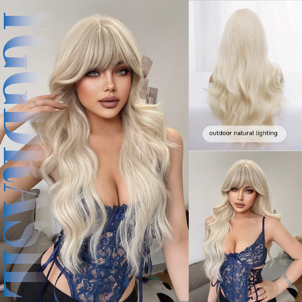 

28Inch Elegant Style Platinum Blonde Synthetic Wigs With Bangs Long Natural Wavy Hair Wig For Women Daily Use Heat Resistant