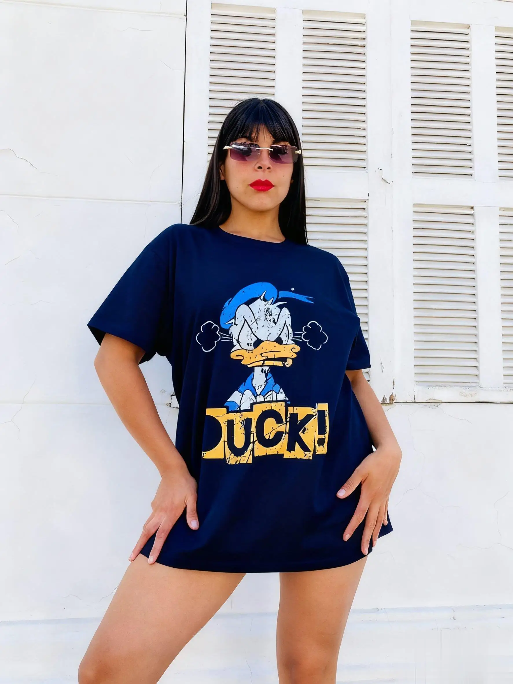 Camiseta con estampado de pato Donald enojado de Disney para mujer, Tops informales holgados de algodón de manga corta, ropa de calle de dibujos animados Y2k