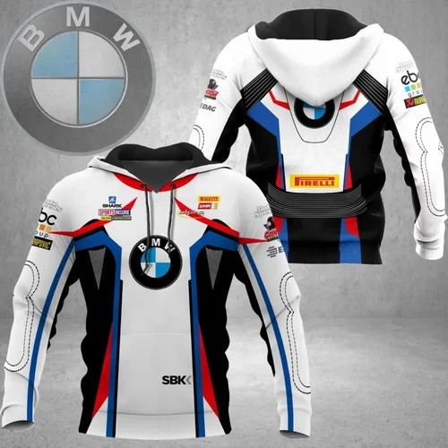 2025 BMW blanco 3D impreso al aire libre motociclismo Unisex sudaderas deportivas cómodas cálidas mangas largas sudaderas con cordón