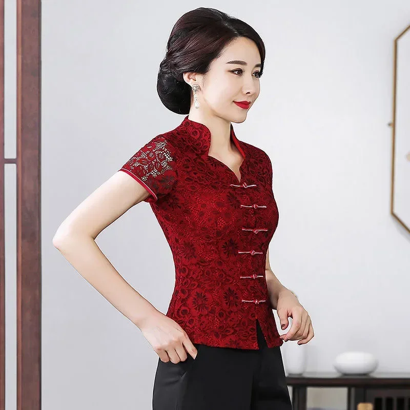 Cheongsam-Costume Tang rouge pour femme, grande taille, dentelle évidée, manches courtes, style chinois traditionnel, chemises Qipao, Y-2024