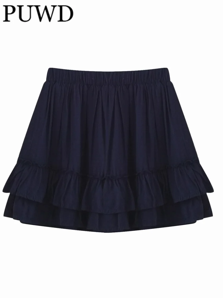 PUWD Women Fashion A-line Mini Skirts 2023 Fall Navy Solid Color High Elastic Waist Spliced Skirts Female Chic Bottoms