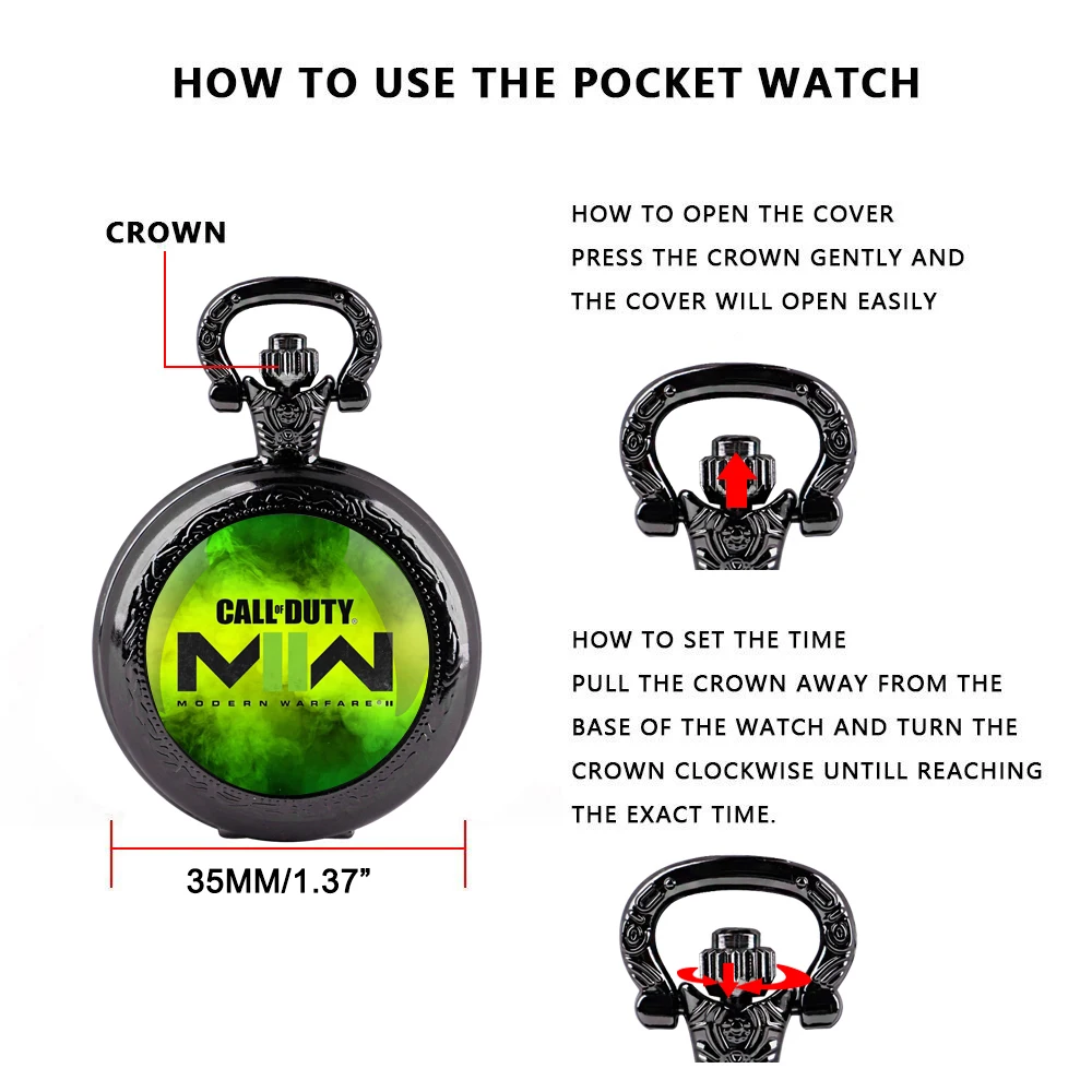 Vintage Black Call of Duty Ghosts Pocket Watch Necklace Quartz Movement with Chain Cool Gamer Accessory Gift for Men & Women
