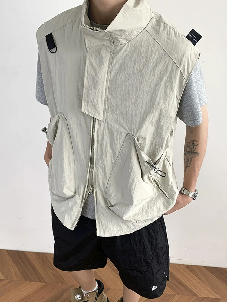 Summer Stand Up Collar Multi Pocket Vest American Casual Fashion Street Style Loose Drawstring Design Men's Sleeveless Jacket