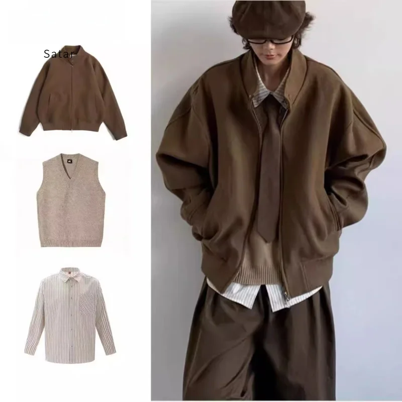 

Retro Tee-Piece Set Single Piece Autumn Winter Brown Woolen Jaet Stand Collar Coat for Men And Women College Sle